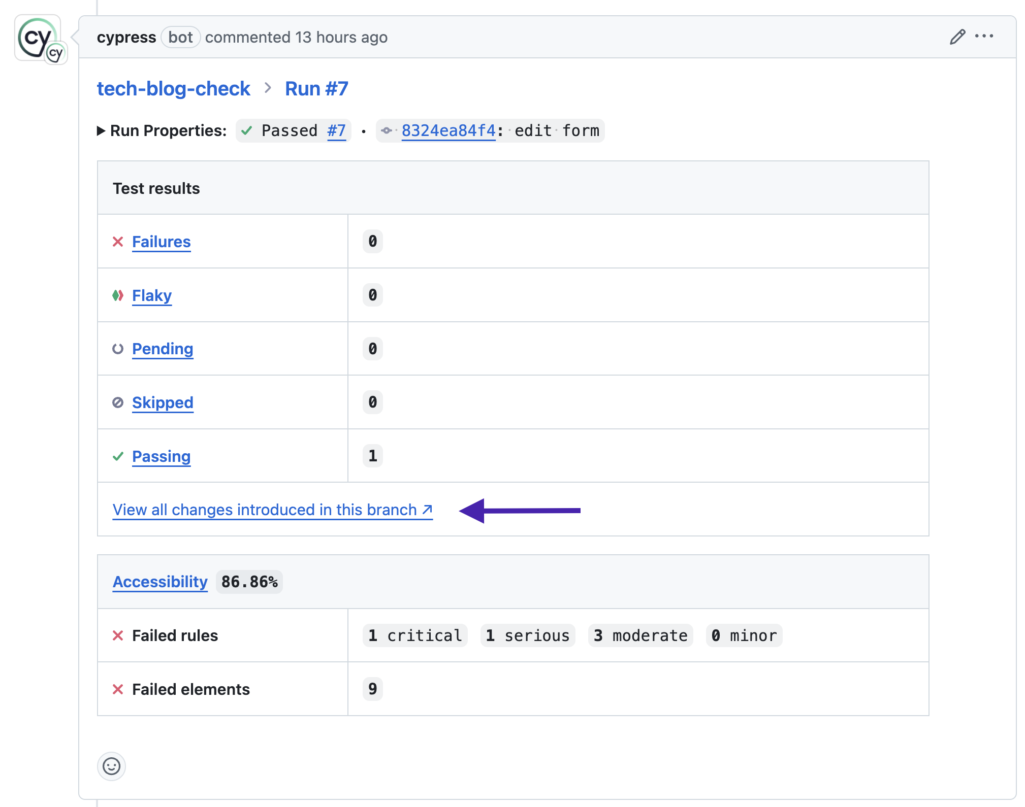 A Pull Request comment from Cypress with an arrow pointing to the 'View all changes introduced in this branch' link. Test results and some accessibility score and violation information is also visible in the comment. The project has an 86.86% accessibility score, with 9 failed elements. Failed rule counts are 1 critical, 1 serious, 3 moderate, and 0 minor.